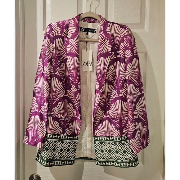 Zara Jackets & Blazers - NWT Zara Satin Effect Printed Blazer Purple Art Deco Open Front Small